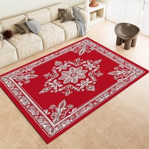 FASTLATE Rote Fläche Teppich Teppich Für Wohnzimmer Schlafzimmer 80x150 cm Bohemian Rotes Muster Boden Matte Gedrucktes Design Weicher Teppich,180 X 240 cm von FASTLATE