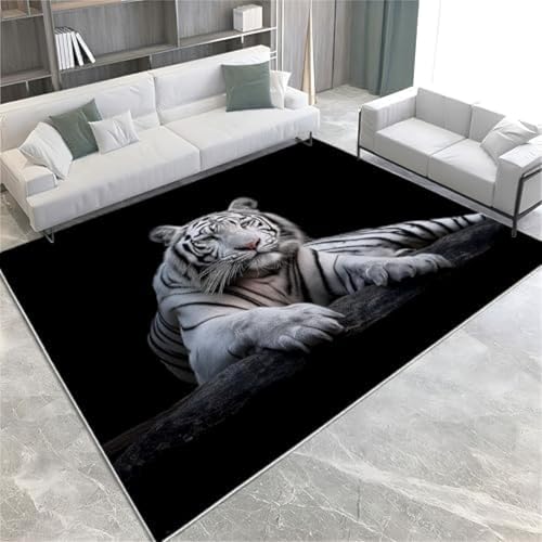 FASTLATE Schwarzer Teppich Tierweiß Tiger Gedrucktes Design Kurzer Stapel Teppich Super Weicher Zotteliger Teppich Teppich Flur Runner Türbodenmatte, von FASTLATE