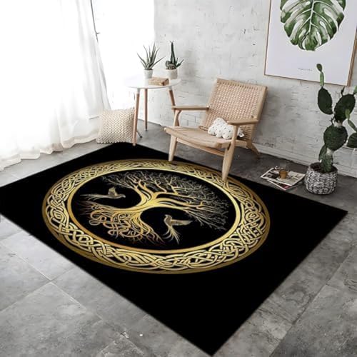 Keltischer Baum des Lebens Rune Druck Teppich Dekoration Schwarz Gold Nicht Rutscher Fläche Teppich 140x200 cm Boden Teppiche Waschbare Nicht Rutschende Atmungsaktive Für Schlafzimmer Hausdekoration, von FASTLATE