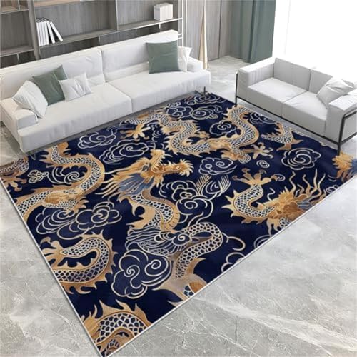 Navy Blue Area Teppiche Goldener Japanischer Drache Waschbares Plüsch & Flauschiger Nicht Rutscher Stapelbodenmatte 60 X 90 cm Für Schlafzimmer Esszimmer & Lounges,160 X 230 cm von FASTLATE