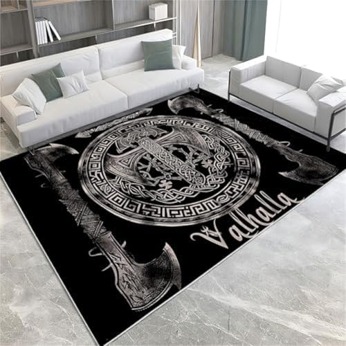 Schwarze Fläche Teppiche Wikinger Schild Axt Maschine Waschbarer Fläche Weiche Flauschige, Rutschende Kurzhaufen Teppich Für Wohnzimmer Schlafzimmer Esszimmer Küchenbüro & Kinderzimmer, von FASTLATE