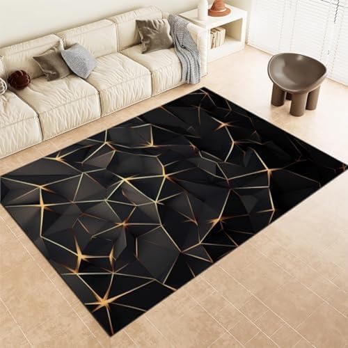 Schwarzer Teppich Teppich Für Wohnzimmer Schlafzimmer Geometrisch Schwarz Gold Dreidimensionale Figuren Bodenmatte Gedrucktes Design Weicher Teppiche Großer Teppich Für Dining Home Office Küche, von FASTLATE