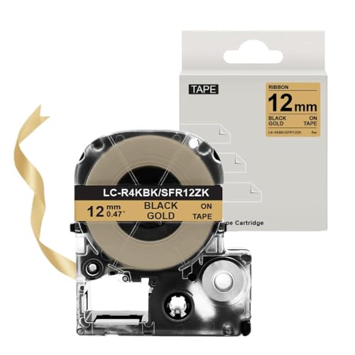 FASURDVA 12mm Satinbandband SFR12SK Kompatibel mit den Etiketthersteller arbeitet mit LW-300 kompatibel mit SFR12RZ SFR12PK SFR12ZK SFR12PZ SFR12SZ Labels(Black on Gold) von FASURDVA