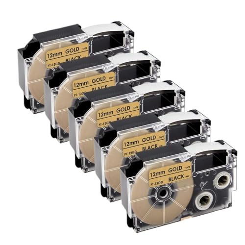 FASURDVA 2/5pcs XR12WE Schwarz auf weißem Klebeband funktioniert mit XR-12WE XR-12x XR-12RD XR-12BU XR-12YW XR-12GN 12-mm-Etikett Kompatibel mit KL-60-Label-Maker kompatibel(5PK Black on Gold) von FASURDVA
