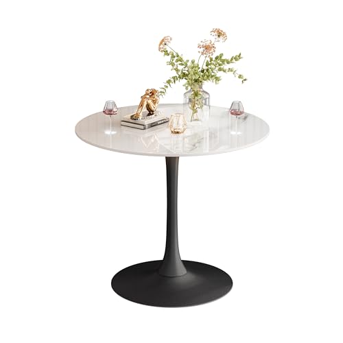 FATIVO Esstisch runder Küchentisch Marmor: Weiß Esszimmertisch Kleiner Skandinavisch Esstisch Ø76cm Rundtisch Luxus Hochglanz Tische für Esszimmer Restaurant Schwarz Metall Tischbeine 76×78.5CM von FATIVO
