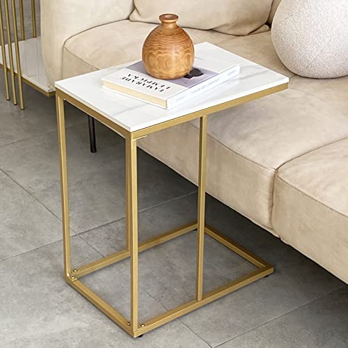 FATIVO Beistelltisch Klein Weiß Metall: Skandinavisch Marmor Beitstelltisch Sofatisch Schmal mit Gold Metallgestell fürs Wohnzimmer Schlafzimmer 45×30×54cm von FATIVO