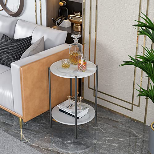 FATIVO Marmor Couchtisch Beistelltisch Sofatisch: 2 Ablagen Beistelltisch rund Nachttisch fürs Wohnzimmer Schlafzimmer mit schwarz Eisenrahmen - 40.5×40.5×55 von FATIVO
