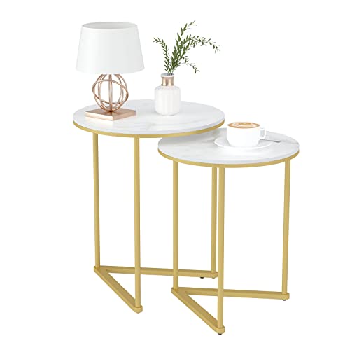 FATIVO Satztisch 2er Set Marmor: Rund Gold Beistelltisch Set - Couchtisch Weiß Wohnzimmertisch mit Gold Eisenrahmen fürs Wohnzimmer, größer Tisch 45x55cm und Kleiner Tisch 40x51cm von FATIVO