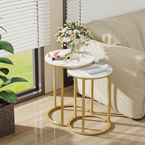 FATIVO Couchtisch Marmor Gold Weiß 2er Set, Rund Satztisch Set - Beistelltisch mit Gold Eisenrahmen fürs Wohnzimmer, größer Tisch 40x54.5cm und Kleiner Tisch 35x50cm von FATIVO