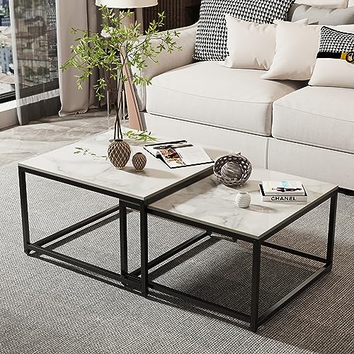 FATIVO Couchtisch Marmor Set Weiß: 2er Set Satztisch Abstelltisch Skandinavisch Beistelltisch Set für Wohnzimmer Groß:65×65×40 cm Klein:60×60×34 cm von FATIVO