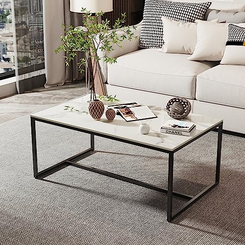 FATIVO Couchtisch Marmor Weiß Modern: Quadratisch Skandinavisch Kaffeetisch Wohnzimmertisch mit schwarz Metallgestell - Beistelltisch für Wohnzimmer 100x60x40cm von FATIVO