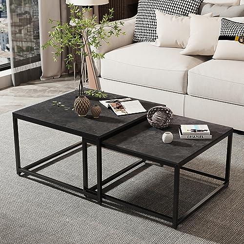 FATIVO Couchtisch Schwarz Marmor Wohnzimmertisch: beistelltisch 2er Set modern sofatisch quadratisch mit metallgestell für Wohnzimmer groß:65×65×40cm klein:60×60×34cm von FATIVO