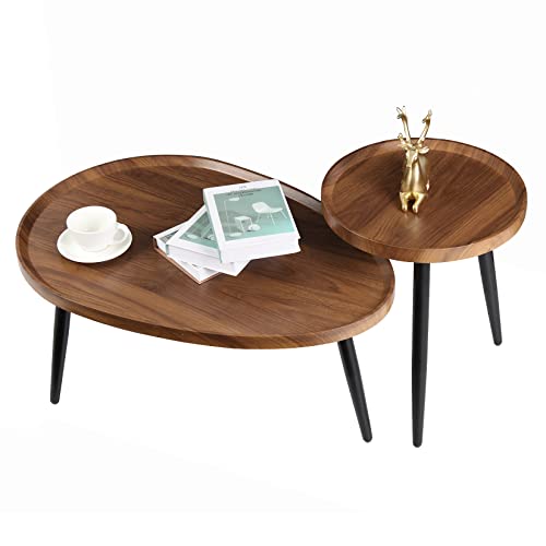 FATIVO Satztisch 2er Set Holz: Stabil Braun Holz Beistelltisch Set - Vintage Couchtisch Wohnzimmertisch Sofatisch mit Metallbeine - Klein 40×40cm / Groß 55×80cm von FATIVO
