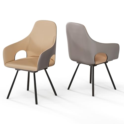 FATIVO Drehbar Esszimmerstühle 2er Set Leder Küchenstühle mit Armlehne, Drehstühle Esszimmer für Esstisch Beige Grau modern Essstühle Set aus Luxus Stühle Belastbar 150kg für Esszimmer Restaurant Cafe von FATIVO