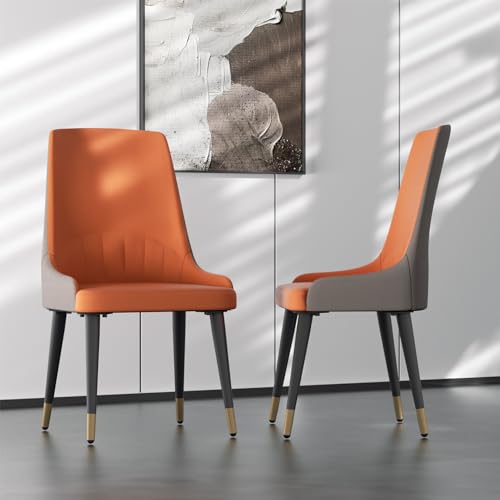 FATIVO Esszimmerstühle Leder 2er Set, Küchenstühle Hohe Rückenlehne aus Luxus Kunstleder丨Wohnzimmerstühle belastbar 150kg bequemer Polsterstuhl Essstühle für Esszimmer Restaurant Cafe Orange Grau von FATIVO