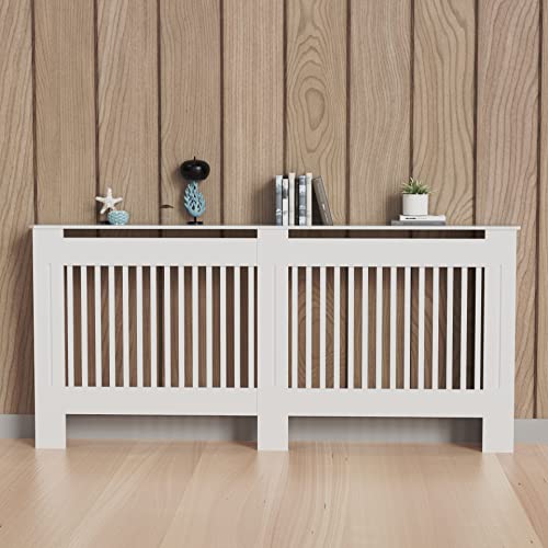 FATIVO Heizkörperverkleidung Hohe Heizkörperabdeckung Vertikal Lamell Holz 152×19×92cm Weiß aus MDF lackiert Landhausstil Heizungsverkleidung Hoch für Schlafzimmer Wohnzimmer Büro Heizkörper Abdeckung von FATIVO