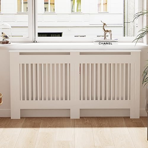 FATIVO Heizkörperverkleidung Hohe Heizkörperabdeckung Vertikal Lamell Holz 101×152×19 Weiß aus MDF lackiert Landhausstil Heizungsverkleidung Hoch für Schlafzimmer Wohnzimmer Büro Heizkörper Abdeckung von FATIVO