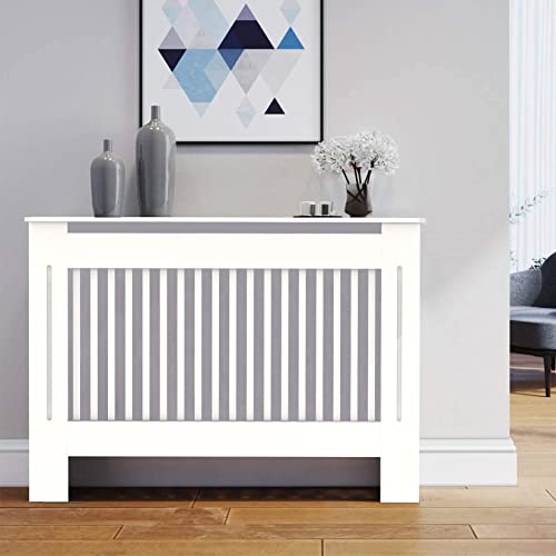 FATIVO Heizkörperverkleidung Hohe Heizkörperabdeckung Vertikal Lamell Holz 111×19×92cm Weiß aus MDF lackiert Landhausstil Heizungsverkleidung Hoch für Schlafzimmer Wohnzimmer Büro Heizkörper Abdeckung von FATIVO