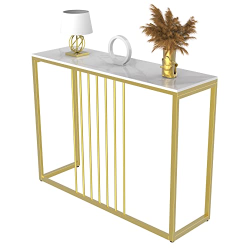 FATIVO Konsolentisch Marmor Flurtisch Schmal Eingangstisch Weiß, Gold Eingangsbereich Deko Tisch Skandinavisch Modern Sofatisch Wohnzimmertisch Beistelltisch für Schlafzimmer Wohnzimmer 100×30×79cm von FATIVO