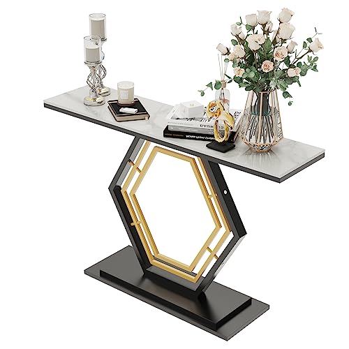 FATIVO Konsolentisch Marmor Weiß Schmal: Skandinavisch Eingangtisch mit Gold Metallgestell - Flurtisch für Schlafzimmer Wohnzimmer 120×30×78cm von FATIVO