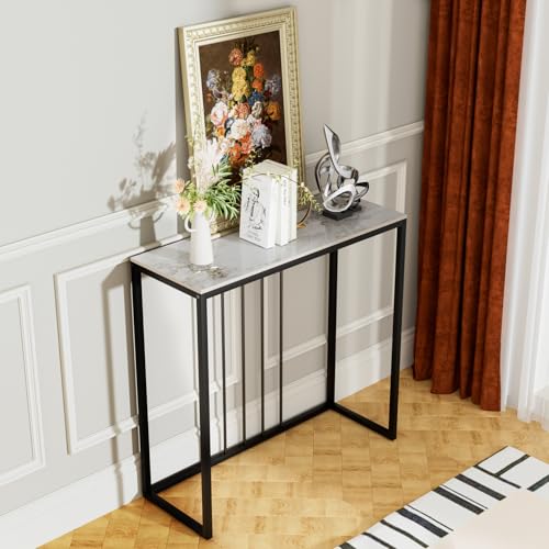 FATIVO Konsolentisch Smaragd Weiß 80 cm Flurtisch Marmor, Sofatisch Skandinavisch Beistelltisch Modern Eingangstisch mit Schwarz Metallgestell Luxus Eingang Dekotisch für Wohnzimmer 80×30×78.5 cm von FATIVO