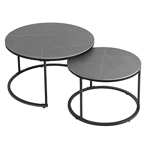 FATIVO Marmor Couchtisch 2er Set: Satztisch Rund Wohnzimmertisch mit schwarz Metallrahmen - Satztische fürs Wohnzimmer, Beistelltisch für Schlafzimmer Balkon - Klein 40×60cm / Groß 45×80cm von FATIVO