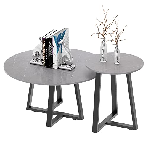 FATIVO Marmor Couchtisch 2er Set: Satztisch Rund Wohnzimmertisch mit schwarz Metallrahmen - Satztische fürs Wohnzimmer, Beistelltisch für Schlafzimmer Balkon - Klein 45×50cm / Groß 80×40cm von FATIVO