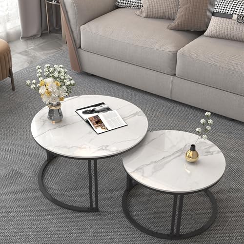 FATIVO Couchtisch Rund 2er Set Marmor Satztisch, Couchtischset Weiß Wohnzimmertisch mit schwarz Metallrahmen fürs Wohnzimmer, Beistelltisch für Schlafzimmer Balkon - Klein 35×57×57cm / Groß 41×70×70cm FATIVO Couchtisch Rund 2er Set Marmor Satztisch, Couchtischset Weiß Wohnzimmertisch mit schwarz Metallrahmen fürs Wohnzimmer, Beistelltisch für Schlafzimmer Balkon - Klein 35×57×57cm / Groß 41×70×70cm von FATIVO