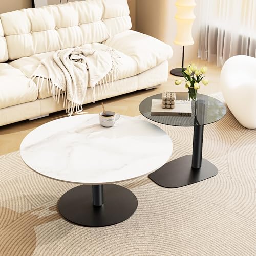 FATIVO Wohnzimmertisch 2er Set Rund, Marmor Couchtisch Satztisch Schwarz Weiß Glas Beistelltisch - Modern Sofatisch für Wohnzimmer - Groß: 80×80×38.5 cm Klein: 50×50×45 cm von FATIVO
