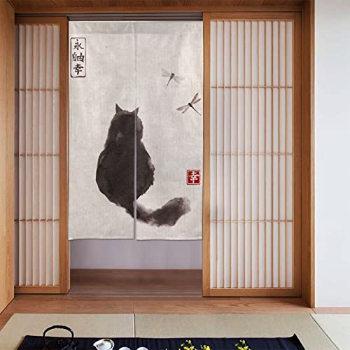 FATTTYCY Japanischer Noren-Vorhang Türteiler Katze und Libelle Tinte Malerei Restaurant Türvorhang Tapisserie für Heimdekoration Einheitsgröße von FATTTYCY