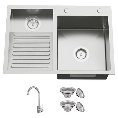 Edelstahl-Waschtisch mit Waschbrett, 70 x 48 cm, Doppelschüssel, Topmount Waschbecken mit Wasserhahn und Ablaufmontage, spezielle Waschbrettzone für Komfort in jede Waschküche von FAUENPEEY