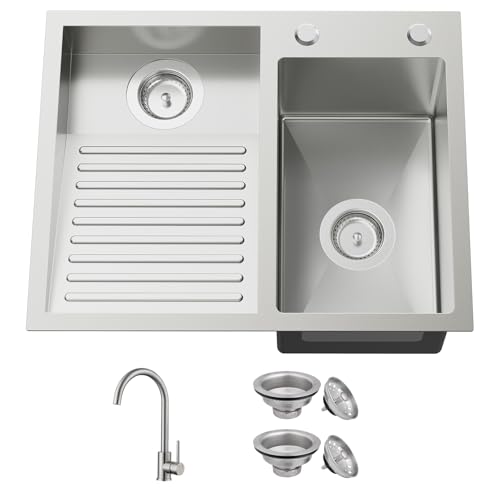 Edelstahl-Waschtisch mit Waschbrett: 50 x 40 cm, Wäschetropfen in Doppelschüssel, Aufsatzspüle mit Wasserhahn und Ablaufmontage, spezielle Waschbrettzone für mehr Komfort in jede Waschküche von FAUENPEEY