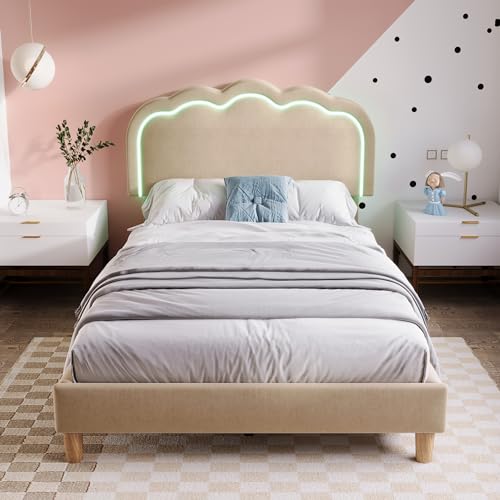 FAUETI Gepolsterter Bettgestell 90x190cm mit Mehrfarbige Atmosphären-LED | Bett mit Lattenrost und höhenverstellbarem Holzkopfteil | Bettrahmen für Schlafzimmer/Jugendzimmer - Beige von FAUETI