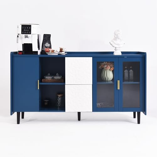 FAUETI Schubladen Sideboard, 140cm Küchenbuffet aus Holz in Blau mit 2 Glastüren, großer Stauraum kehrroboterfreundlich, für Küche Wohnzimmer als Kaffeebar TV-Schrank von FAUETI