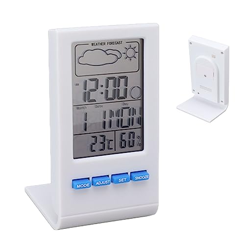 FAUOSWUK Digital Hygrometer, Innen -Thermometer -Luftfeuchtigkeitsmonitor mit LCD -Hintergrundbeleuchtung Universal Kalender Datum Wochend Uhrzeit Alarmmondphase (Weiß) von FAUOSWUK