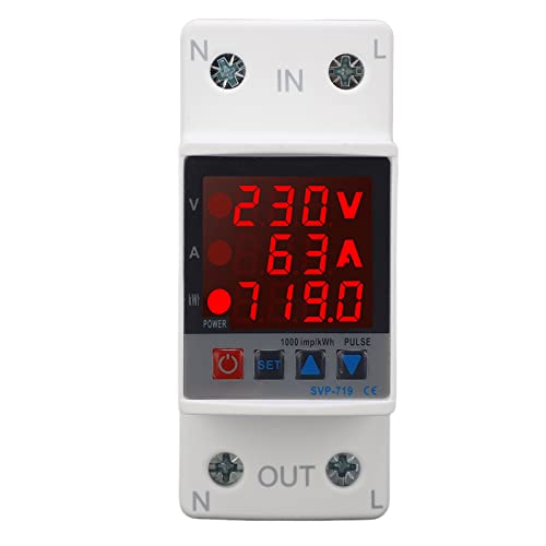 FAUOSWUK Over Unter Spannungsschutz, 1no Einstellbares Selbstresetz mit Spannungsstrom KWH Display für Haushaltsgeräte Sicherheitsschutz AC220V (63a) von FAUOSWUK