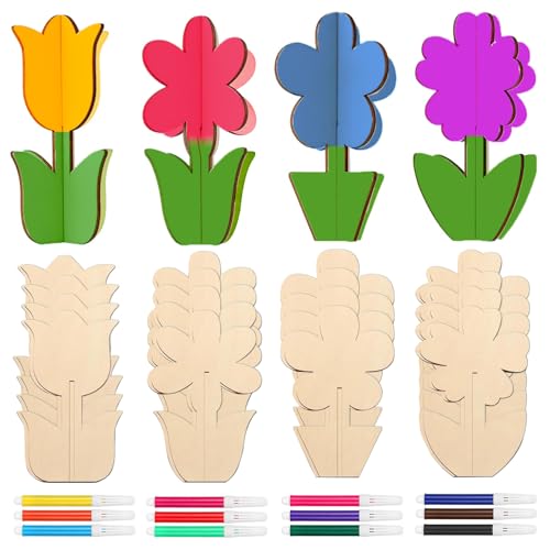 44 Stück 3D Blumen Holz Bastelset, FAURAPMNG 32 Blüten Holzformen & 12 Stifte, DIY Frühling Holzdeko für Tablett, Fenster, Kinder & Bastelprojekte von FAURAPMNG