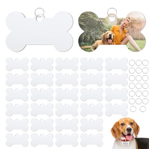 FAURAPMNG 30 Stück Sublimations-Aluminium-Hundemarke, blanko, Hundeknochen, Sublimations-Stempelmarke, mit 20 Ringen und doppelseitigen Transfermarken für selbstgemachte Hunde, Haustiere, Namensschild von FAURAPMNG