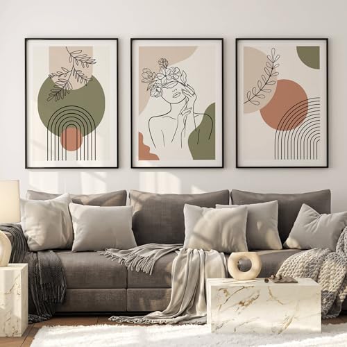 FAVELOT Abstrakte Bilder Set A4, Poster Aesthetic, Poster Set, Wandbilder Wohnzimmer - Boho Bilder grün beige, Line Art Bilder, 3x Din A4 von FAVELOT