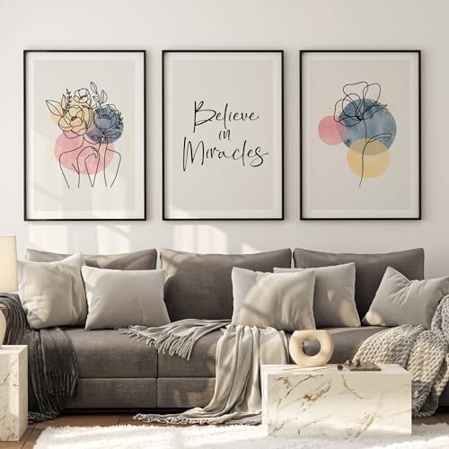 FAVELOT Abstrakte Bilder Set A4, Poster Aesthetic, Poster Set, Wandbilder Wohnzimmer - Boho Bilder beige, blau, Bilder mit Sprüchen, Line Art Bilder, 3x Din A4 von FAVELOT