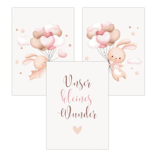 FAVELOT Poster Kinderzimmer Mädchen A4 - Hasen, Herzen, Rosa - Bilder Babyzimmer Deko - Deutscher Premium-Druck - 3er Set Din A4, silberne Rahmen von FAVELOT