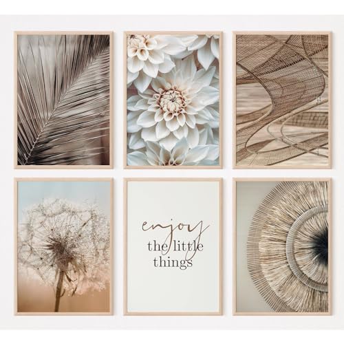 FAVELOT Poster Set A4, Wandbilder Wohnzimmer - Boho Bilder beige weiß, Bilder mit Sprüchen, Bild Pusteblume, Poster Blumen Palme, 6x Din A4 von FAVELOT