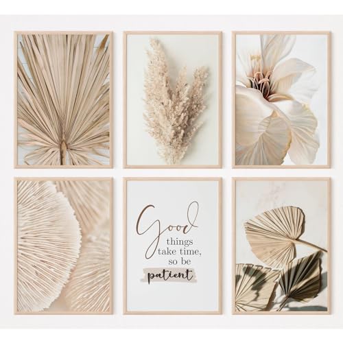 FAVELOT Poster Set A4, Wandbilder Wohnzimmer - Boho Bilder beige weiß, Bilder mit Sprüchen, Bilder Pampasgras, Poster Blumen Palme, 6x Din A4 von FAVELOT