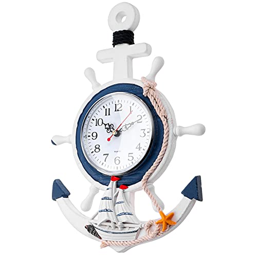 FAVOMOTO Anchor Clock Mediterranean Sea Theme Wall Clock Nautical, Wooden Steering Wheel Wall Clock Wall Art Ornament Silent Non- Ticking Clock, Anchor Wall Clock Nautical Theme Wall Clock von FAVOMOTO
