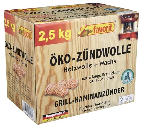 Favorit Öko - Zündwolle 2,5 kg in wiederverschließbarer Faltschachtel aus Naturholz und Wachs - 1218, Holz von Favorit