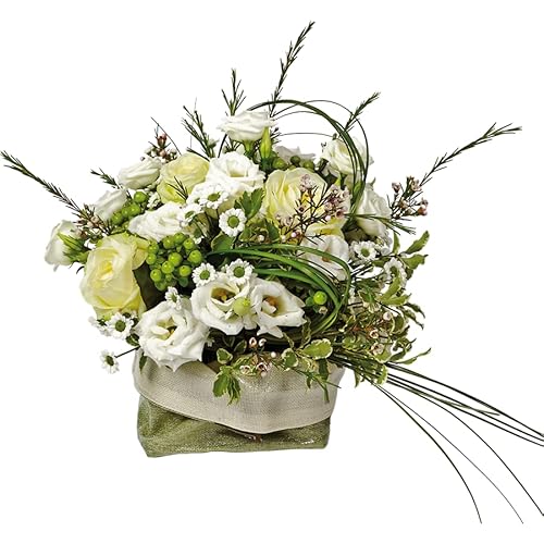 Faxiflora Korb aus weißen Rosen und weißen Blumen mit dekorativem Grün Faxiflora Korb aus weißen Rosen und weißen Blumen mit dekorativem Grün von FAXIFLORA