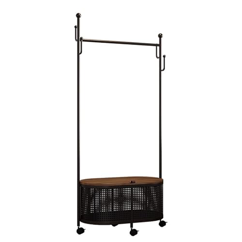Kleiderständer Garderobenständer auf Rollen, Kleiderstangen Klamotten Ständer Mit Ablagekorb, Metall Garderobe mit Holzdeckel, kann sitzen,60/80 * 30 * 170cm(Black Cactus,60cm/23.6in) von FAXJRU