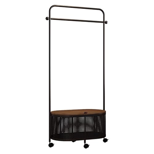 Kleiderständer Garderobenständer auf Rollen, Kleiderstangen Klamotten Ständer Mit Ablagekorb, Metall Garderobe mit Holzdeckel, kann sitzen,60/80 * 30 * 170cm(Black Flat head,60cm/23.6in) von FAXJRU