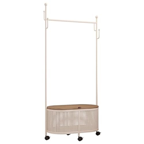 Kleiderständer Garderobenständer auf Rollen, Kleiderstangen Klamotten Ständer Mit Ablagekorb, Metall Garderobe mit Holzdeckel, kann sitzen,60/80 * 30 * 170cm(White Cactus,80CM/31.5IN) von FAXJRU