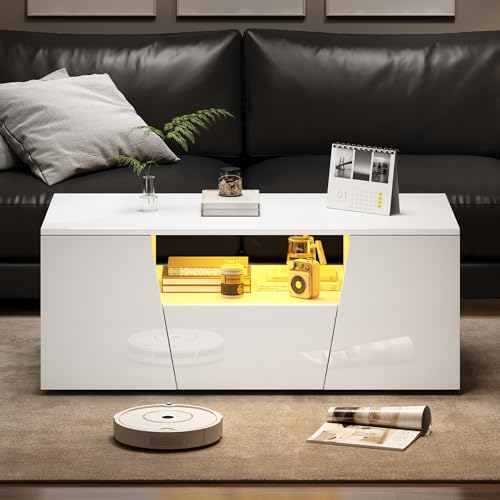 100x50x40cm couchtisch, sofatisch mit LED licht, Hochglanz-wohnzimmertisch mit 2 schränke, Beistelltisch, kaffeetisch mit 1 schublade,Unregelmäßiges Design (Weiß) von FAYICIC